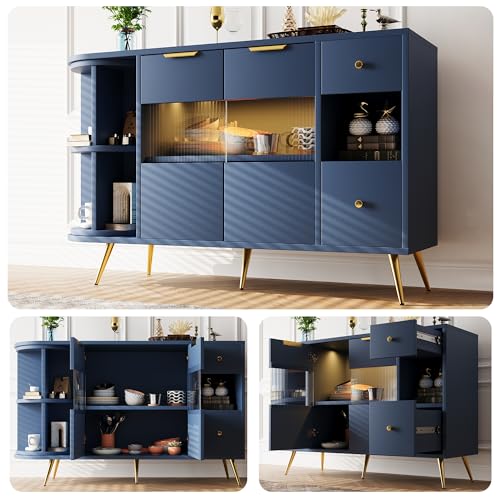 MURUL Sideboard Esszimmer Wohnzimmer Aufbewahrungsschränke mit Glasschiebetüren und LED-Leuchten Holzanrichte Freistehende Schränke Buffetschränke Küchenmöbel Blau von MURUL