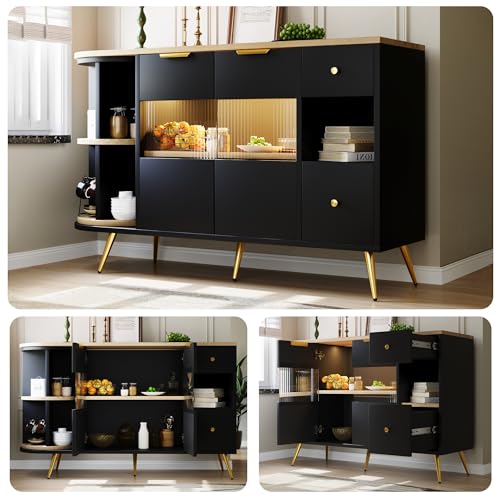 MURUL Sideboard Esszimmer Wohnzimmer Aufbewahrungsschränke mit Glasschiebetüren und LED-Leuchten Holzanrichte Freistehende Schränke Buffetschränke Küchenmöbel Schwarz von MURUL
