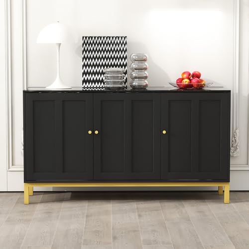 MURUL Stilvolles Elegantes 3-türiges Sideboard mit Marmor-Tischplatte für Küche, Wohnzimmer und Esszimmer (Schwarz) von MURUL