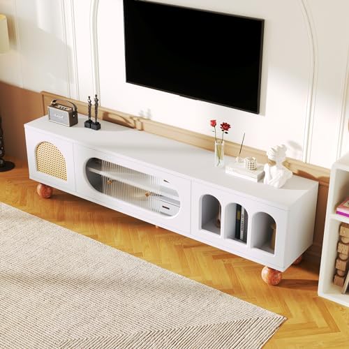 MURUL TV-Möbel, TV-Möbel mit Rattan-ähnlicher Tür, Glasschiebetür, DREI offenen Bogenbereichen, lowboard massiven Holzfüßen und mit goldenen Griffen von MURUL