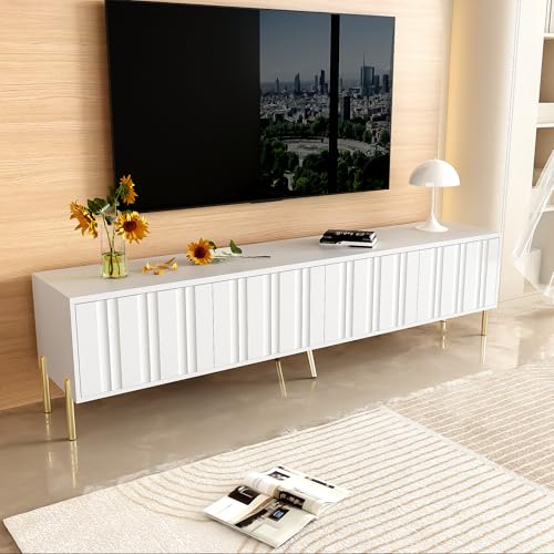 MURUL TV-Schrank, 190 cm lang x 38 cm breit x 48 cm hoch, gerilltes Türdesign, goldene Tischbeine (Weiß) von MURUL