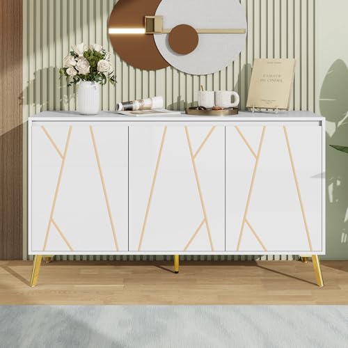 Moderner Stil, einzigartige Linie, Sideboard, 3-türig, grifflos, für Esszimmer, Wohnzimmer, Küche, Buffetschrank (Weiß) von MURUL