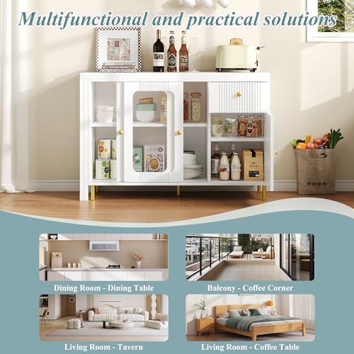 Moderner weißer Buffet-Sideboard mit klappbarer und ausziehbarer Tischplatte, drehbarer Oberfläche, goldenen Metallbeinen, Glasschiebetüren und Wellenmuster – Perfekt für Esszimmer und Küche von MURUL