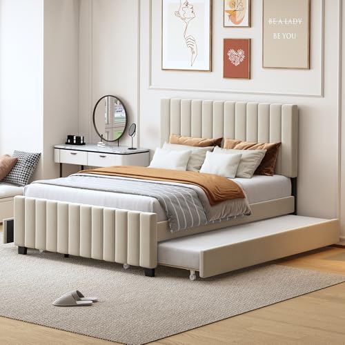 Polsterbett 140 x 190 cm Mit Ausziehbett und Zwei Schubladen, Flaches Doppelbett in Hautfreundlichem Samtstoff, Beige Kinderbett Jugendbett Gästebett Ohne Matratze Polsterbett 140 x 190 cm Mit Ausziehbett und Zwei Schubladen, Flaches Doppelbett in Hautfreundlichem Samtstoff, Beige Kinderbett Jugendbett Gästebett Ohne Matratze von MURUL