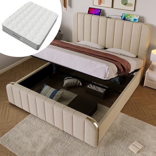 Polsterbett 180 * 200 cm Doppeltes gepolstertes Kopfteil mit goldenen Zierstreifen USB Typ-C Ladefunktion Beige Leinen-Material Hydraulisches Lagerbett Belastbarkeit 226 kg Mit Matratze von MURUL