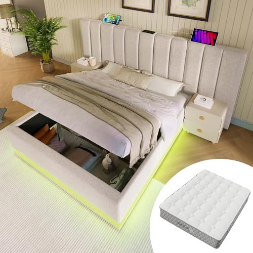 Polsterbett 180×200 Stauraumbett LED USB-C Ladefunktion Bettgestell Mit Lattenrost Leinen Beige Ohne Nachttisch Mit Matratze von MURUL