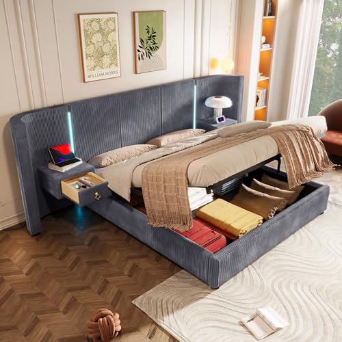 Polsterbett 180x200 cm Hydraulischer Stauraum 2 Schubladen Samt Grau Ohne Matratze von MURUL