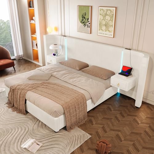 Polsterbett 180x200 cm Mit Hydraulischem Stauraum 2 Schubladen Samt Beige Ohne Matratze von MURUL