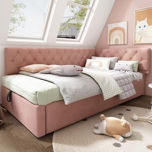 Polsterbett 90x200cm Schlafsofa Mit Stauraum Holz Lattenrost Samt Rosa Ohne Matratze von MURUL