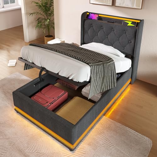 Polsterbett einzelbett,360-Surround-LED-Funktion, Drucktaste/App/Fernbedienung,90x200 cm, Grau Leinen-Material Hydraulisches Lagerbett, gepolstertes Kopfteil mit USB Typ-C Ladefunktion Ohne Matratze von MURUL