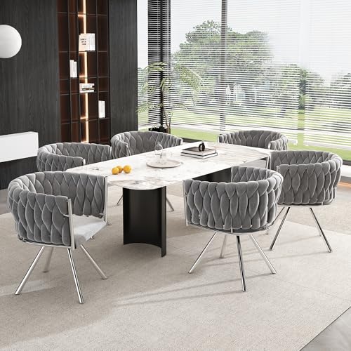 Samt-Esszimmerstuhl, 6er Set, einzelner Heller Luxus-Wohnzimmer-Schlafzimmer-Drehstuhl, Freizeit-Drehstuhl mit Vier Stützbeinen aus Metall, Grau+Silber von MURUL