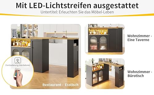 Um 360° drehbarer Bartisch (Hauptkörper: 198 x 39,6 x 97 cm), mattschwarzer Schrank mit Schreibtisch in Holzmaserung, mit Changhong-Glasschranktür und LED-Licht, Sideboard, Weinschrank, Kaffeeecke von MURUL