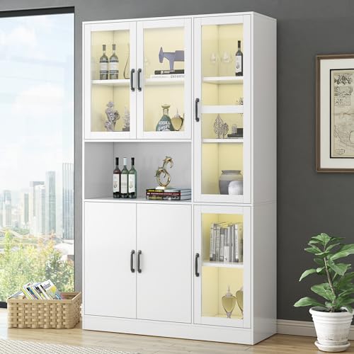 Vitrinenschrank Mit Türen LED-Licht Bücherregale Groß Vorratsschrank Küchenanrichte Regal Wohnzimmer Schlafzimmer von MURUL