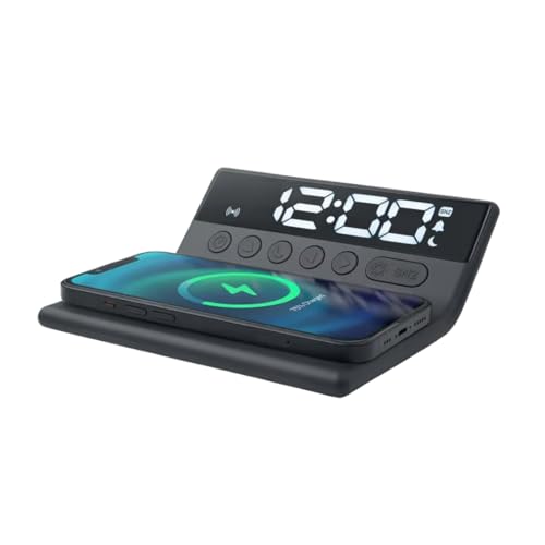 MUSE Wecker mit Ladestation für Handy – Kabelloses Laden für iPhone & Android, Weißes LED-Display, 2-stufiger Dimmer, Snooze, Netz- & Batterie-Betrieb, Schwarz von MUSE
