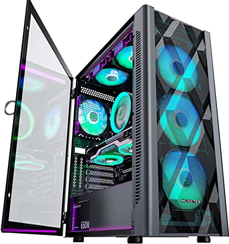 MUSETEX ATX PC Gehäuse Pre-Install 6 PWM ARGB Lüfter, Polygonal Mesh Computer Gaming Gehäuse, Öffnung gehärtetes Glas Seitenwand Mid-Tower Gehäuse, USB 3.0 x 2, Schwarz, NN8 von MUSETEX