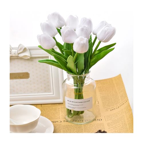 MUSHUI 9 STK PU Real Touch Künstliche Tulpen Strauß, Gefälschte Tulpen Blumen Blumensträuße Blumen Arrangement für Home Room Hochzeitsstrauß Party Herzstück, Weiß-9pcs von MUSHUI