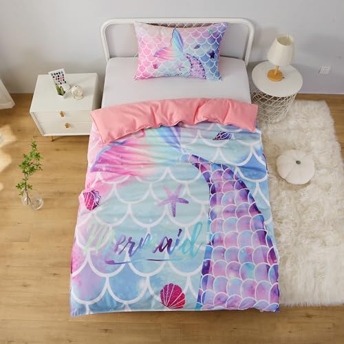 MUSOLEI Bettbezug für Einzelbett, Mädchen, Meerjungfrauen-Bettbezug-Set, Einzelbett, Kinder, Bettbezug 135 x 200 cm und 1 Kissenbezug 50 x 80 cm, Geschenk für Mädchen, Einzelbett, Geburtstag, von MUSOLEI