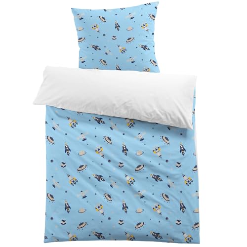 MUSOLEI Kinderbettwäsche 135x200 Jungen Astronaut Weltraum Bettwäsche Kinder Blau Rakete 3D-Druck Mikrofaser Bettbezug und 1 Kissenbezug 80X80cm Bettwäsche-Set für Einzelbett von MUSOLEI