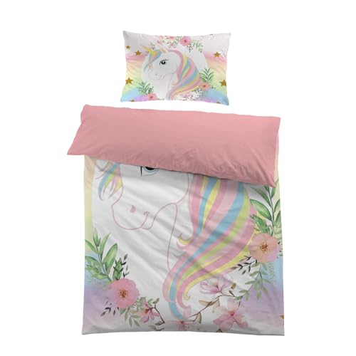 MUSOLEI Einhorn Bettwäsche 135 x 200 cm 3D-Druck Einhorn Kinder Bettwäsche Set Rosa 135 x 200 cm und 1 Kissenbezug 50 x 75 cm für Mädchen, Einhorn 01 von MUSOLEI