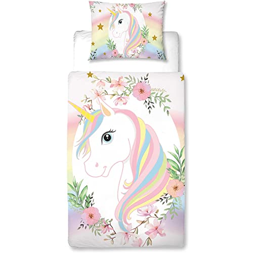 MUSOLEI Einhorn Bettbezug und Kissenbezug für Kinder Rosa Violett Blau Weiß Grün himmelblau und Regenbogen-Einhorn Weiches und Hautfreundliches Material mit Reißverschluss (Rose,Einzelbett) von MUSOLEI