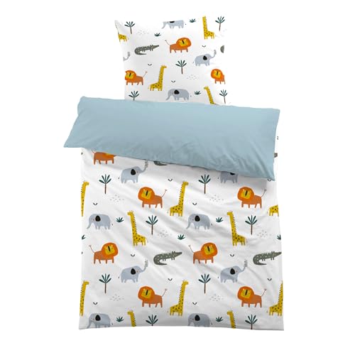 MUSOLEI Kinderbettwäsche 135x200 Tiere Bettwäsche Kinder Mädchen Löwe Elefant Krokodil Jungen Blau 3D-Druck Mikrofaser Bettbezug und 1 Kissenbezug 80X80cm Bettwäsche-Set für Einzelbett von MUSOLEI