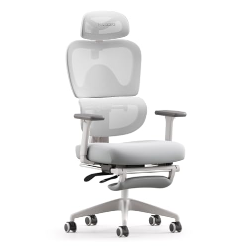 MUSSO E600SE Ergonomischer Bürostuhl, 3-stufig verstellbare Lendenwirbelsäule 3D-verstellbare Armlehne & Kopfstütze mit Fußstütze, maßgeschneidert für Frauen Wirbelsäulenschutz Sitzen (Gray) von MUSSO