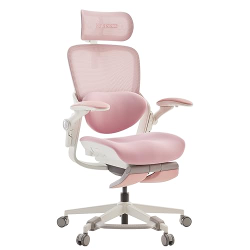 MUSSO E80 Muse FemmePosture™ Ergonomischer Bürostuhl für Frauen - 135° Neigung & 3D-Lendenstütze, 17cm 4D-Kopfstütze, ausziehbare Fußstütze, Sitztiefen-/Höhenverstellung, anpassbare Armlehnen (Rosa) von MUSSO