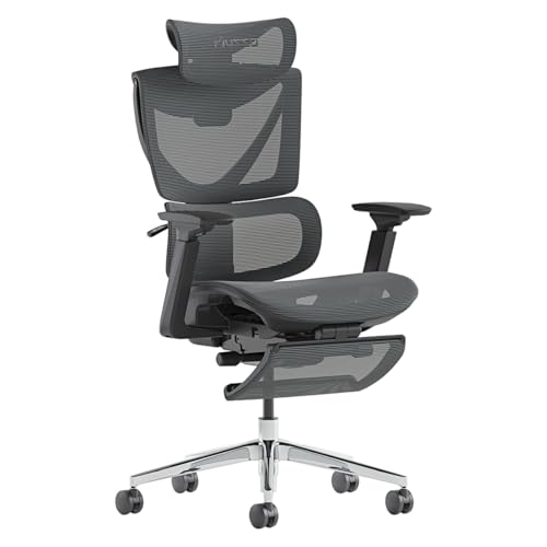 MUSSO V900 Ergonomischer Bürostuhl mit 3D-Kopfstütze, Mesh-Rückenlehne & 4D-Armlehnen – Höhenverstellbar mit Fußstütze und Lendenstütze für Büro/Homeoffice (Dunkelgrau) von MUSSO