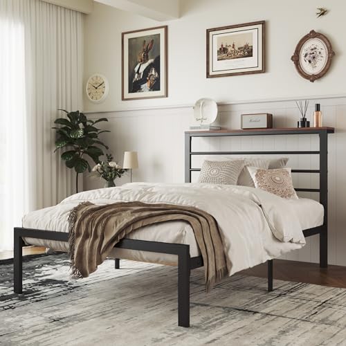 MUTICOR Doppelbett Bettgestell mit Ablage Kopfteil Schwerlast Metall Plattform Bettgestell Konstruktion Kein Boxspring erforderlich Einfache Montage Braun Regal von MUTICOR
