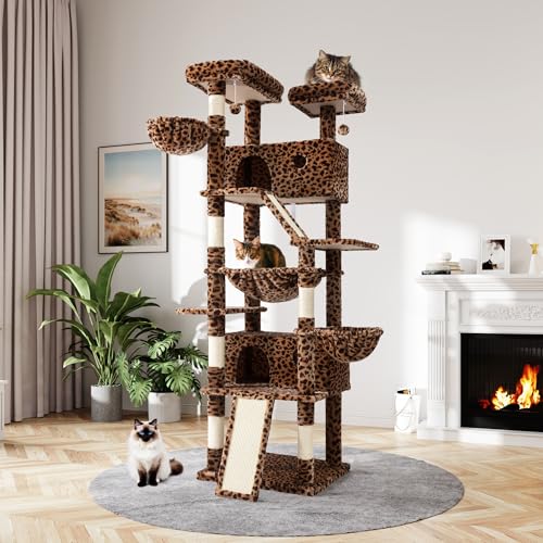 MUTICOR kratzbaum groß,206 cm hoch, Mehreren Ebenen Großes Kletterbaumhaus für große Katzen/Kratzbaum für Wohnungskatzen/Plüsch-Sitzplattformen/Korbhängematte/breite Basis/Leopardenmuster von MUTICOR