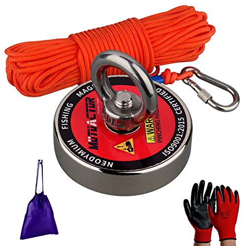 Mutuactor 180kg Zugkraft Angelmagnete, starker Rückholmagnet N52 Neodym-Magnete mit 20 m (66 Fuß) langlebigem Seil, leistungsstarke Magnete zum Angeln und zur Bergung mit magnetischer Erholung von MUTUACTOR