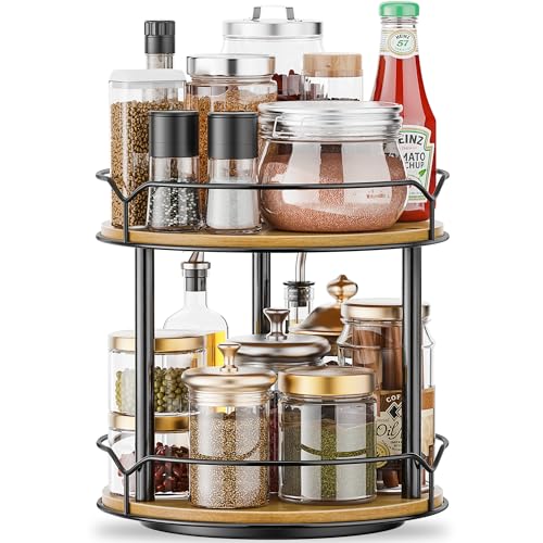 MUTUALUS Lazy Susan Drehteller mit 2 Ebenen, drehbares Gewürzregal aus Holz für Tischplatte, Bauernhaus-Badezimmer-Dekor, rundes dekoratives Tablett für Schminktisch, Theke, Spüle, Couchtisch, B5041 von MUTUALUS