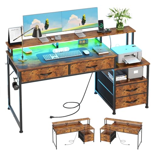 Computertisch mit 4 Schubladen und Steckdosen, wendbarer Heimbüro-Schreibtisch mit Monitorständer und Druckerständer, Gaming-Schreibtisch mit LED-Lichtern, Arbeitsschreibtisch für Schlafzimmer von MUTUN