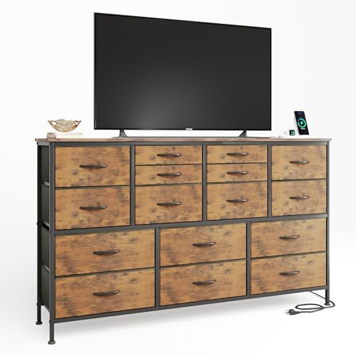 MUTUN Kommoden & Sideboards mit Steckdose, 16 Stoffschubladen mit Griffen, Aufbewahrung Von Kleidung, HältBis Zu Einem 55-Zoll-Fernseher Tall Dressers, Brown von MUTUN