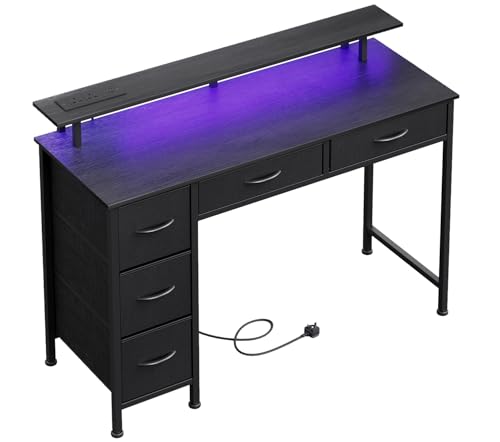 MUTUN Computertisch mit 5 Stoffschubladen, Gaming-Schreibtisch mit LED-Leuchten und Steckdosen, Heimbüro-Schreibtisch mit Monitorständer, Schreibtisch mit USB-Ladeanschluss, 100 cm, Schwarz von MUTUN