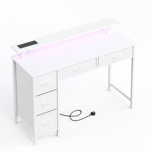 MUTUN Computertisch mit 5 Stoffschubladen, Gaming-Schreibtisch mit LED-Leuchten und Steckdosen, Heimbüro-Schreibtisch mit Monitorständer, Schreibtisch mit USB-Ladeanschluss, 100 cm, Weiß MUTUN Computertisch mit 5 Stoffschubladen, Gaming-Schreibtisch mit LED-Leuchten und Steckdosen, Heimbüro-Schreibtisch mit Monitorständer, Schreibtisch mit USB-Ladeanschluss, 100 cm, Weiß von MUTUN