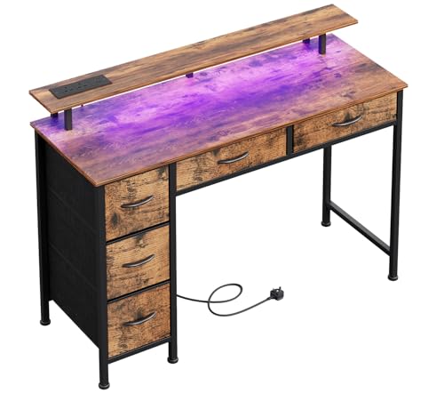 MUTUN Computertisch mit 5 Stoffschubladen, Gaming-Schreibtisch mit LED-Lichtern und Steckdosen, Heimbüro-Schreibtisch mit Monitorständer, Schreibtisch mit USB-Ladeanschluss, rustikales Braun MUTUN Computertisch mit 5 Stoffschubladen, Gaming-Schreibtisch mit LED-Lichtern und Steckdosen, Heimbüro-Schreibtisch mit Monitorständer, Schreibtisch mit USB-Ladeanschluss, rustikales Braun von MUTUN