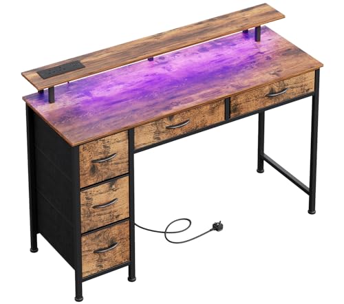 MUTUN Computertisch mit 5 Stoffschubladen, Gaming-Schreibtisch mit LED-Lichtern und Steckdosen, Heimbüro-Schreibtisch mit Monitorständer, Schreibtisch mit USB-Ladeanschluss, rustikales Braun MUTUN Computertisch mit 5 Stoffschubladen, Gaming-Schreibtisch mit LED-Lichtern und Steckdosen, Heimbüro-Schreibtisch mit Monitorständer, Schreibtisch mit USB-Ladeanschluss, rustikales Braun von MUTUN