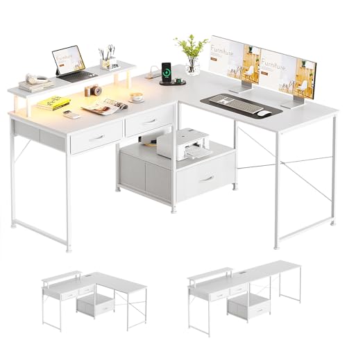 MUTUN L-förmiger Schreibtisch mit Steckdose und LED-Licht, 200 cm langer Computer-Gaming-Schreibtisch mit Schubladen, Holz-Eck-Heimbüro-Schreibtische mit Stauraum, 128 cm, Weiß von MUTUN