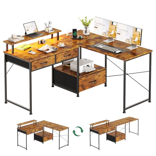 MUTUN L-förmiger Schreibtisch mit Steckdose und LED-Licht, 200 cm langer Computer-Gaming-Schreibtisch mit Schubladen, Holz-Eckschreibtische mit Stauraum, rustikales Braun von MUTUN