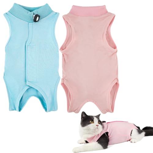 Katzen-Genesungsanzug, nach Operationen, für weibliche Katzen, weicher und atmungsaktiver chirurgischer Genesungsanzug, Modalgewebe, Rosa und Blau, Größe M (2-4 kg Katze), 2 Stück von MUU