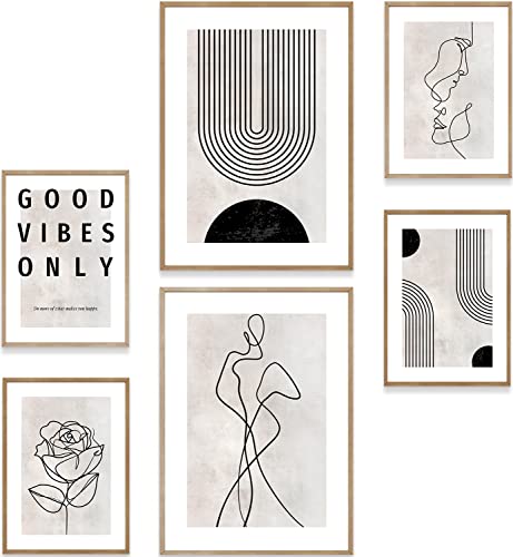 MUUDLY® Premium Poster Set, Moderne Wandbilder für Wohnzimmer und Schlafzimmer, 2 x A3 & 4 x A4, Bilder als Wanddeko (Abstrakt Line Art Schwarz Beige, ohne Rahmen) von MUUDLY