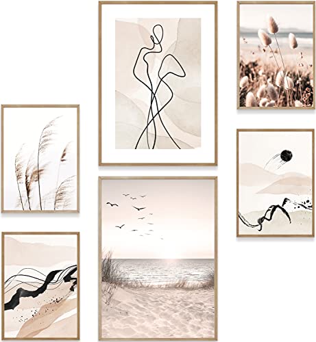 MUUDLY® Premium Poster Set, Moderne Wandbilder für Wohnzimmer und Schlafzimmer, 2 x A3 & 4 x A4, Bilder als Wanddeko (ohne Rahmen, Abstrakt Natur Beige) von MUUDLY