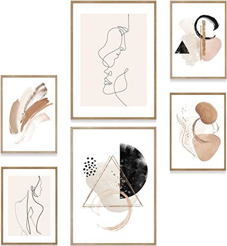 MUUDLY® Premium Poster Set, Moderne Wandbilder für Wohnzimmer und Schlafzimmer, 2 x A3 & 4 x A4, Bilder als Wanddeko (ohne Rahmen, Abstrakt Line Art Beige) von MUUDLY