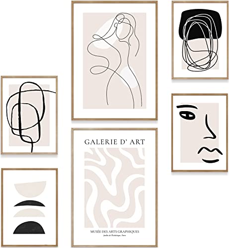 MUUDLY® Premium Poster Set, Moderne Wandbilder für Wohnzimmer und Schlafzimmer, 2 x A3 & 4 x A4, Bilder als Wanddeko (Abstrakte Kunst Line Art Beige, ohne Rahmen) von MUUDLY