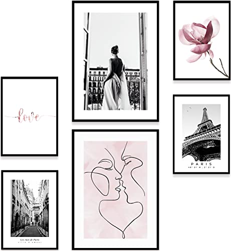 MUUDLY® Premium Poster Set, Moderne Wandbilder für Wohnzimmer und Schlafzimmer, 2 x A3 & 4 x A4, Bilder als Wanddeko (ohne Rahmen, Paris Rosa) von MUUDLY