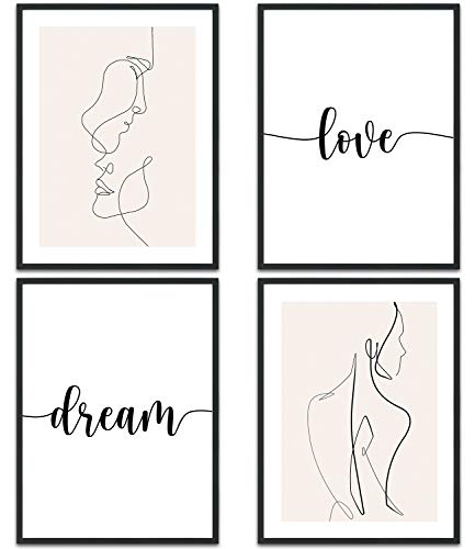 MUUDLY® Premium Poster Set, Moderne Wandbilder mit Sprüchen als Wohnzimmer und Schlafzimmer Deko, Sprüche und Zitate, 4 x DIN A4 Bilder (Line Art Love, Ohne Rahmen) von MUUDLY