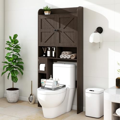 MUUEGM WC-Schrank mit Scheunentüren, 82 cm B über dem Toilettenregal mit Toilettenpapierhalter, Badezimmer-Organizer und Aufbewahrung über der Toilette mit verstellbarer Bodenstange, Grau von MUUEGM