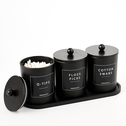 Glas Qtip Halter für Badezimmer, Schwarz Baumwolle Runder Halter Tupfer Pad Spender mit Deckel, Zahnseide Pick Halter mit Bambus Tablett, Apothekergläser mit Schaufel, 3 Stück Glas Qtip Halter für Badezimmer, Schwarz Baumwolle Runder Halter Tupfer Pad Spender mit Deckel, Zahnseide Pick Halter mit Bambus Tablett, Apothekergläser mit Schaufel, 3 Stück von MUVEKA