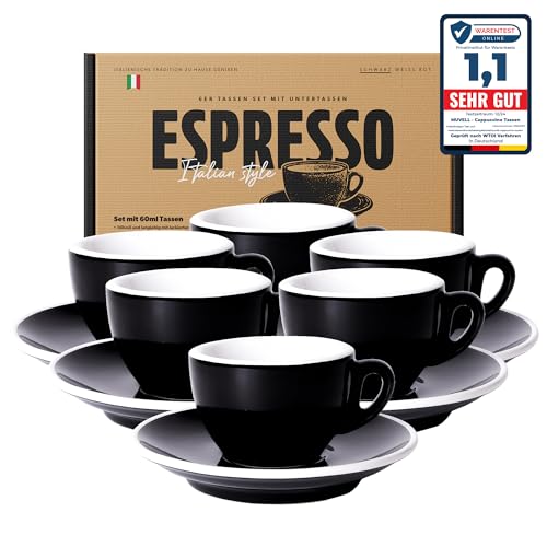 MUVELL 6x Espressotassen | Schwarz | Italian Style | dickwandig & schwer | spülmaschinenfest | Espresso 6er Set mit Untertassen - Geschenkset MUVELL 6x Espressotassen | Schwarz | Italian Style | dickwandig & schwer | spülmaschinenfest | Espresso 6er Set mit Untertassen - Geschenkset von MUVELL